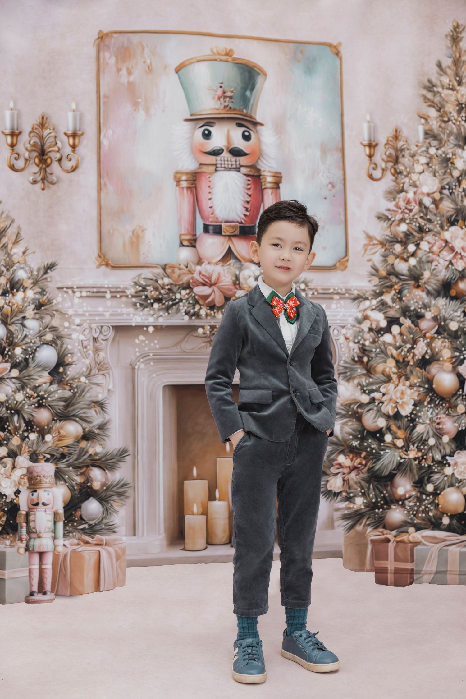 Festive holiday scene with decorated Christmas trees, wrapped presents, and elegant decor in soft pink and white tones.