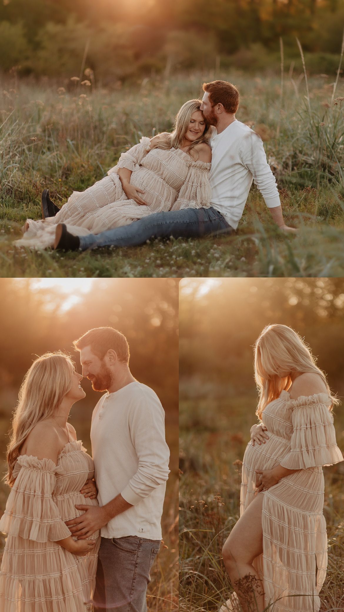 Romantic couple photography session in a golden field at sunset showing tender intimate moments.