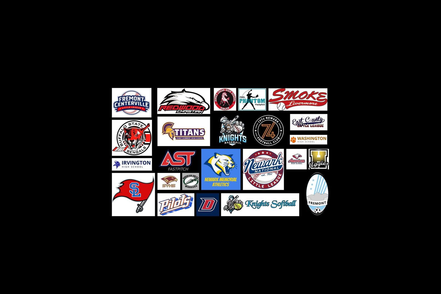 Collection of sports team logos and brand emblems arranged in grid pattern.