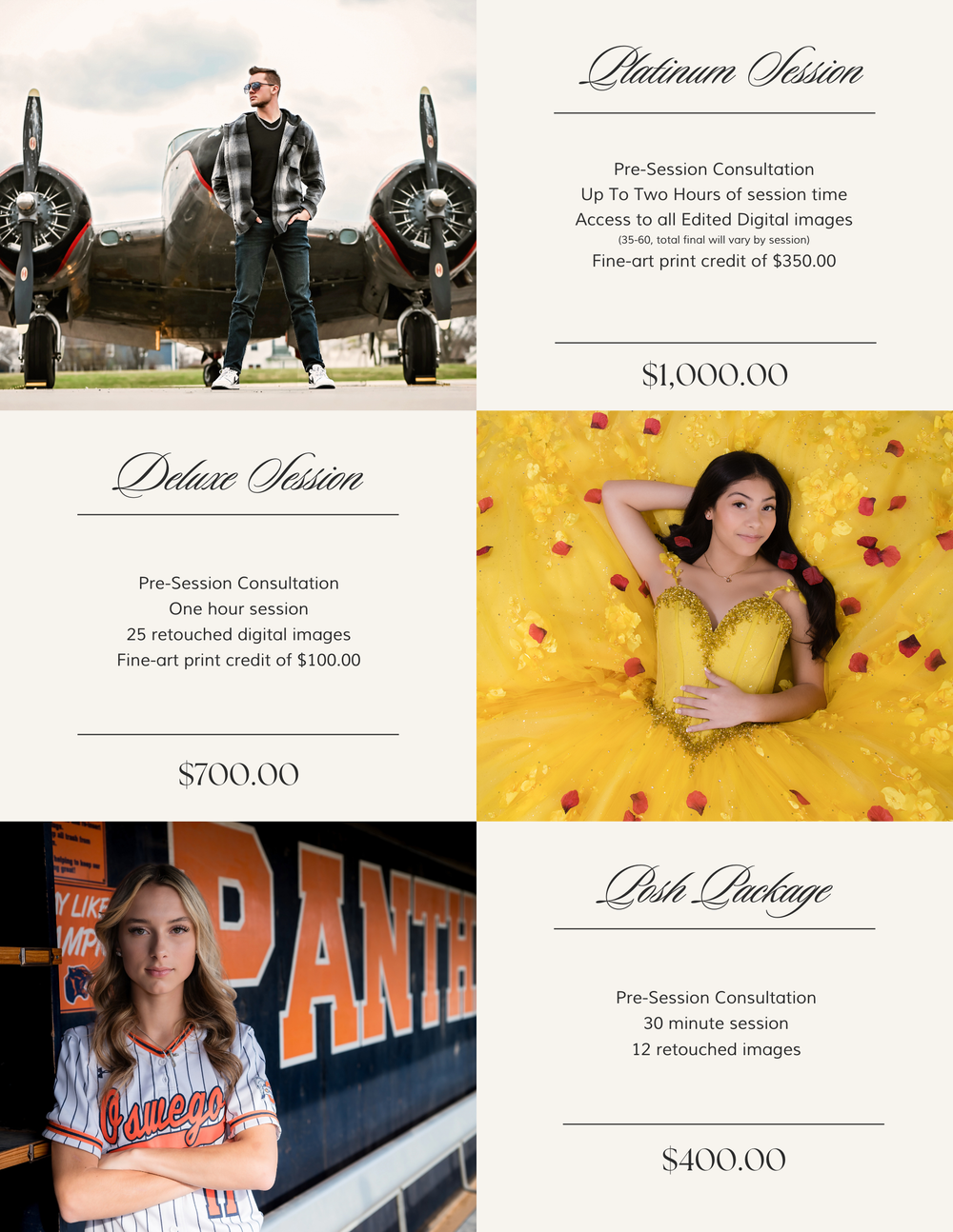 Photography pricing guide showing platinum, deluxe and basic session packages with pricing details on elegant backgrounds.
