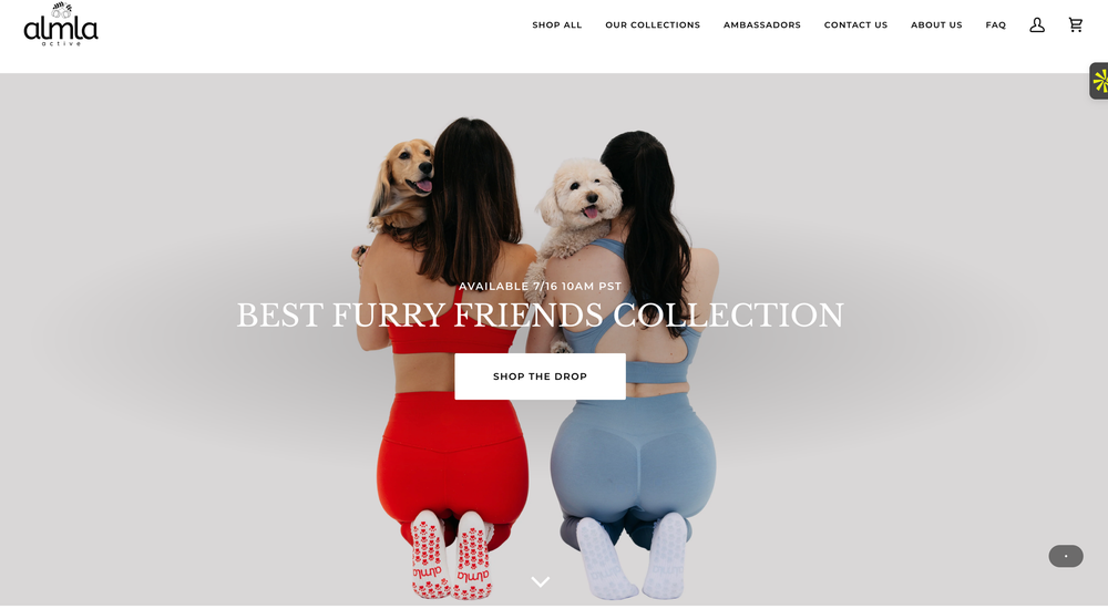 Two people in red and blue pants shown from behind admiring plush toys on display at an online storefront.
