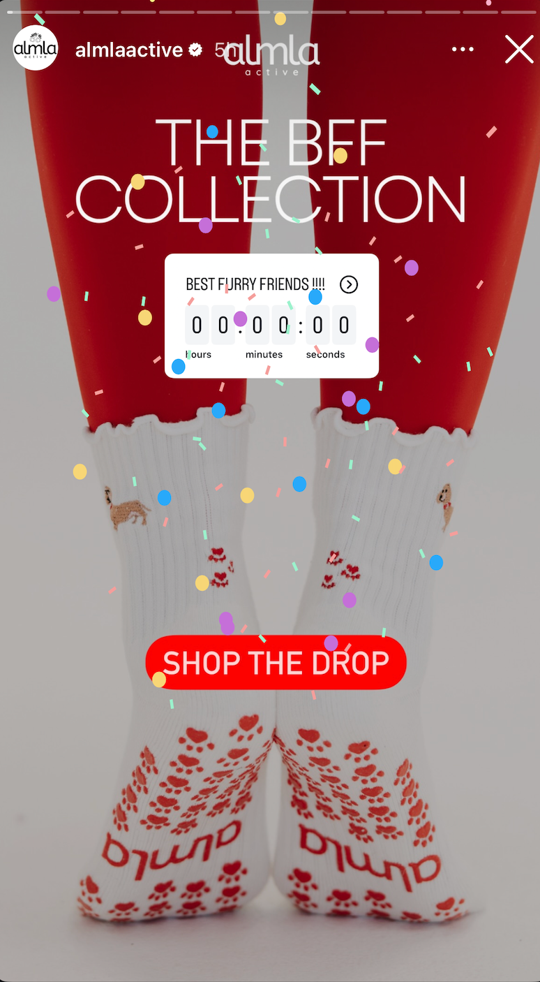 Social media story showing 'THE BFF COLLECTION' with a countdown timer and white patterned socks against a red gradient background.