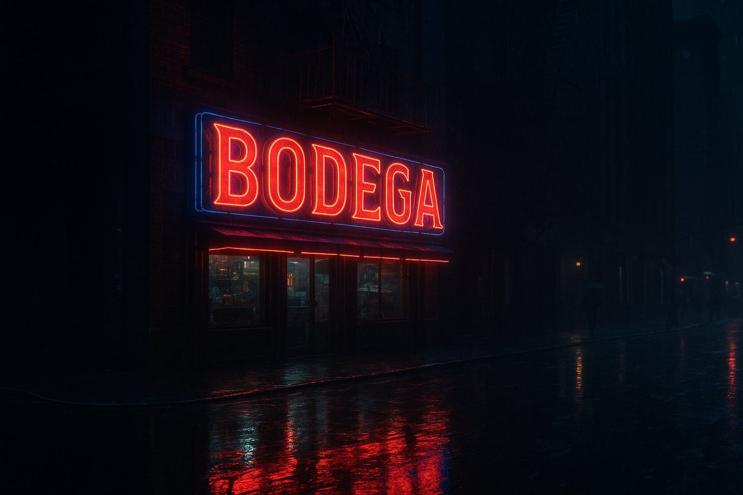 A red neon Bodega sign glows against a dark urban backdrop, reflecting on wet pavement at night.