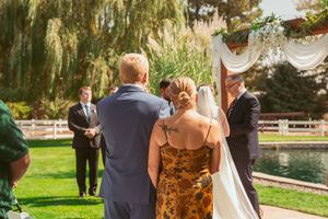 A series of wedding photographs showing a couple walking through a garden with guests and various scenic outdoor settings.