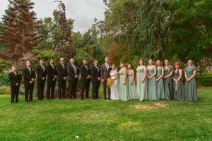 Wedding party in formal attire stands on green lawn with evergreen trees in background.