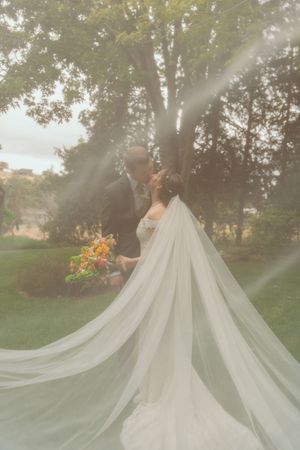 Elegant white wedding dress with dramatic cathedral-length veil flowing in an outdoor garden setting during golden hour.