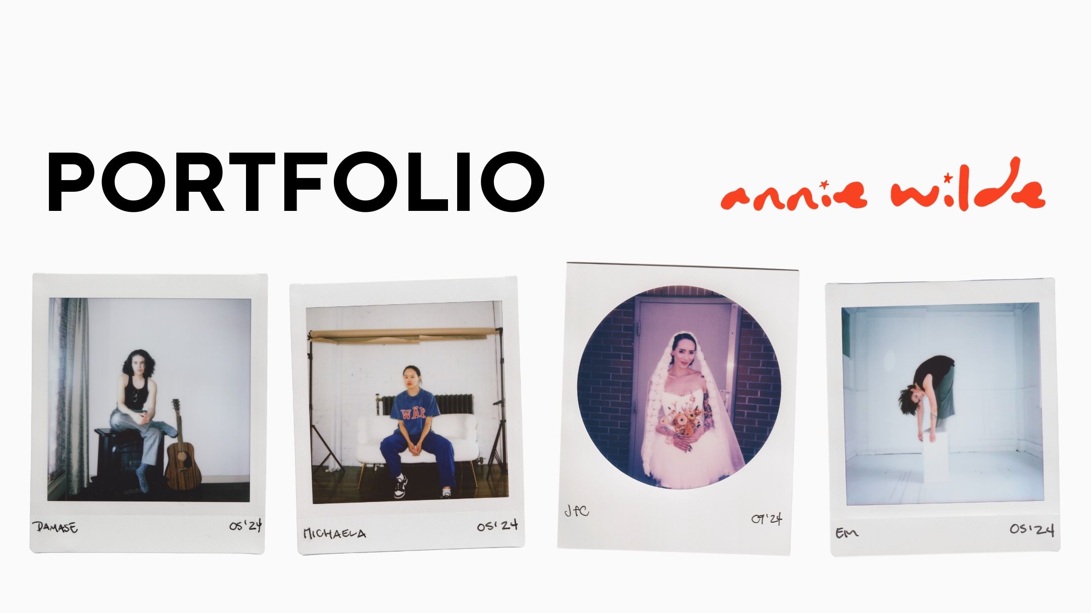 Four polaroid photographs of artistic portraits arranged in a row under the text 'PORTFOLIO marie wilde'.