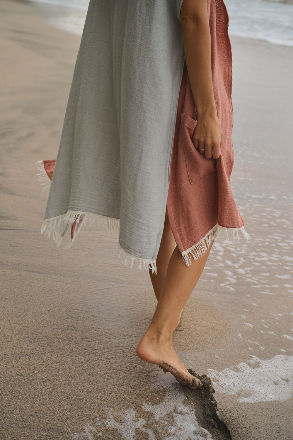 Sequence of photos showing feet walking on wet sand at the beach, leaving footprints in the shallow waves.
