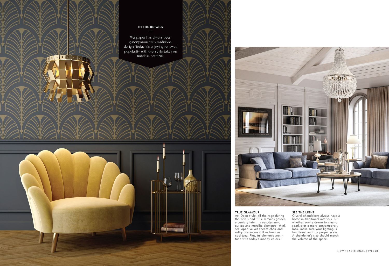 Luxurious living room designs featuring art deco wallpaper and plush velvet furniture.