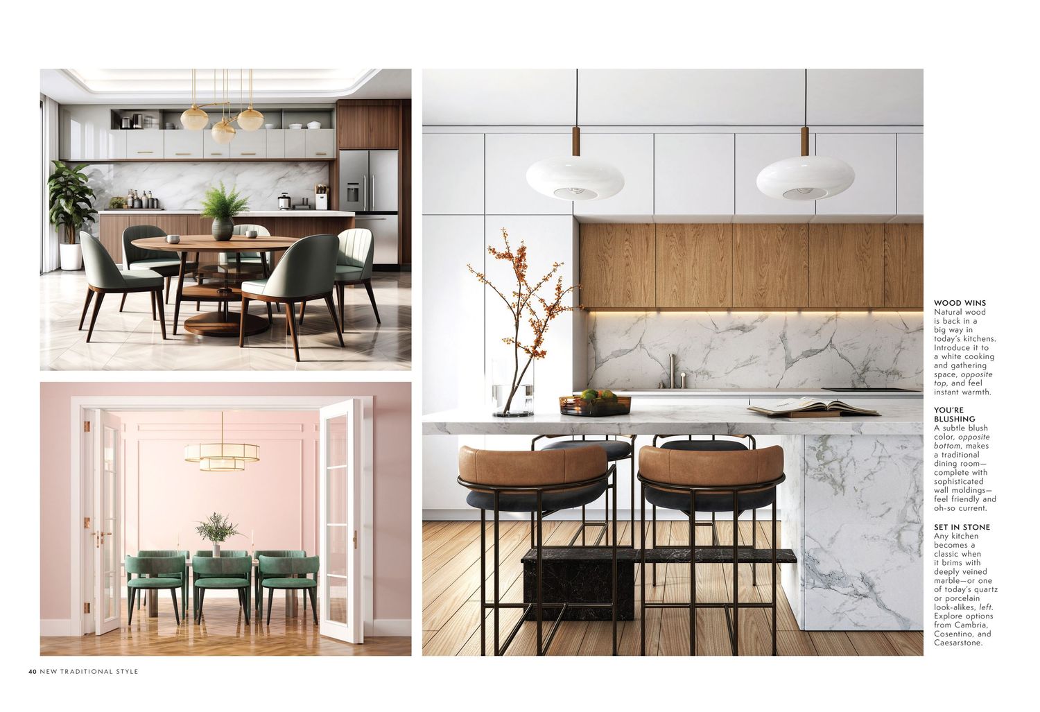 Contemporary dining room and kitchen interior design layouts with marble and wood elements.