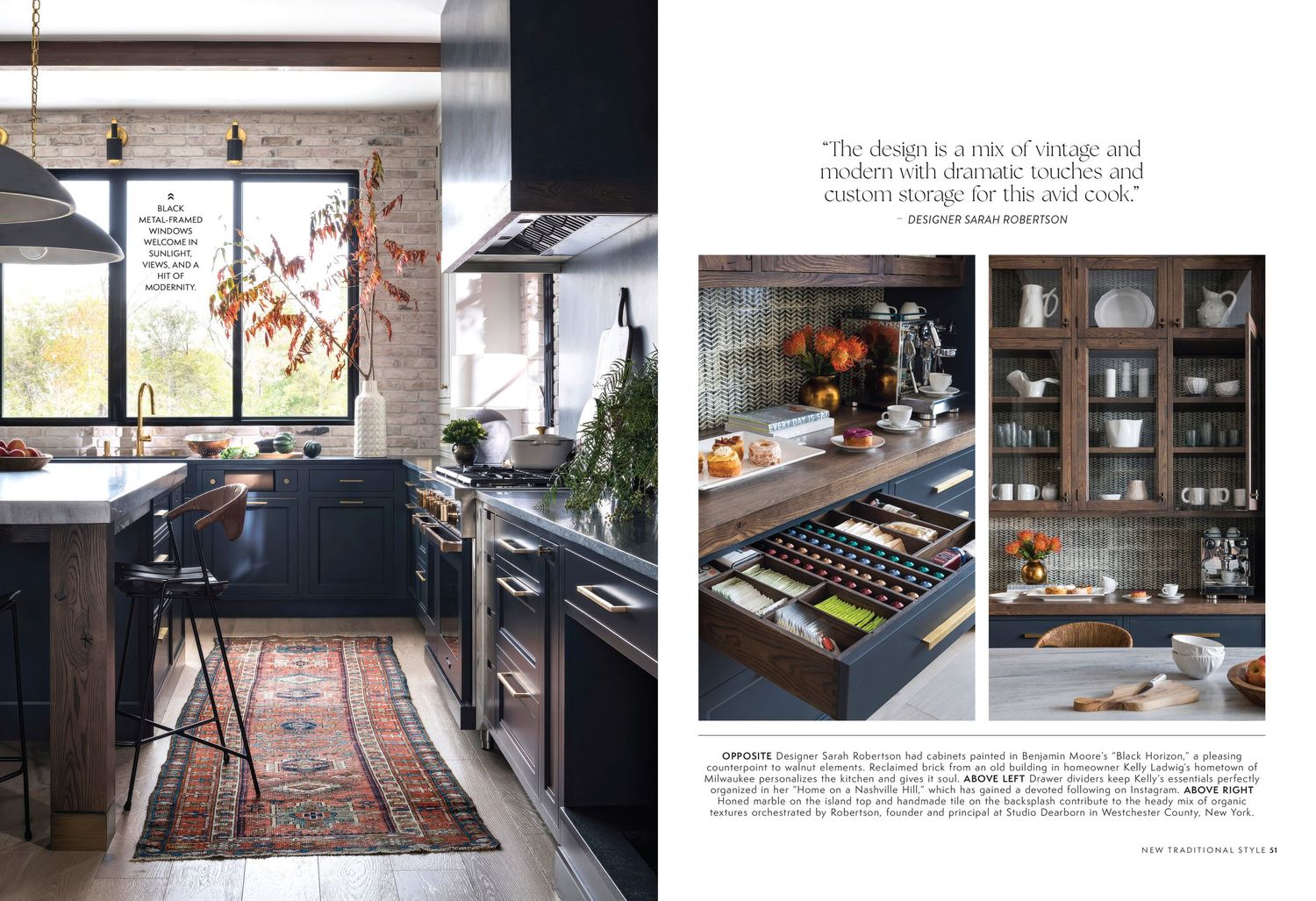 Industrial style kitchen and living spaces with exposed brick and vintage design elements.