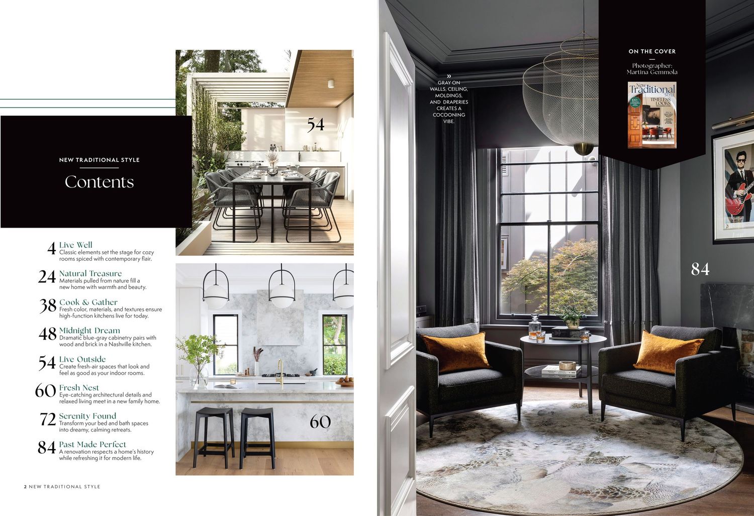 Magazine spread of modern living spaces with dark walls and contemporary furniture.