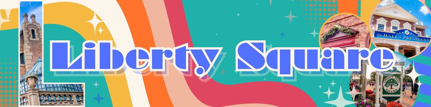 A colorful rainbow banner design features a retro Liberty Square logo with stars and geometric patterns.