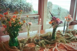 Colorful wildflower bouquets in glass vases on a linen-draped wooden table near a sunlit window.
