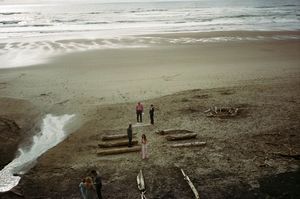 Aerial view of people standing on a sandy beach near driftwood with ocean waves in the background.