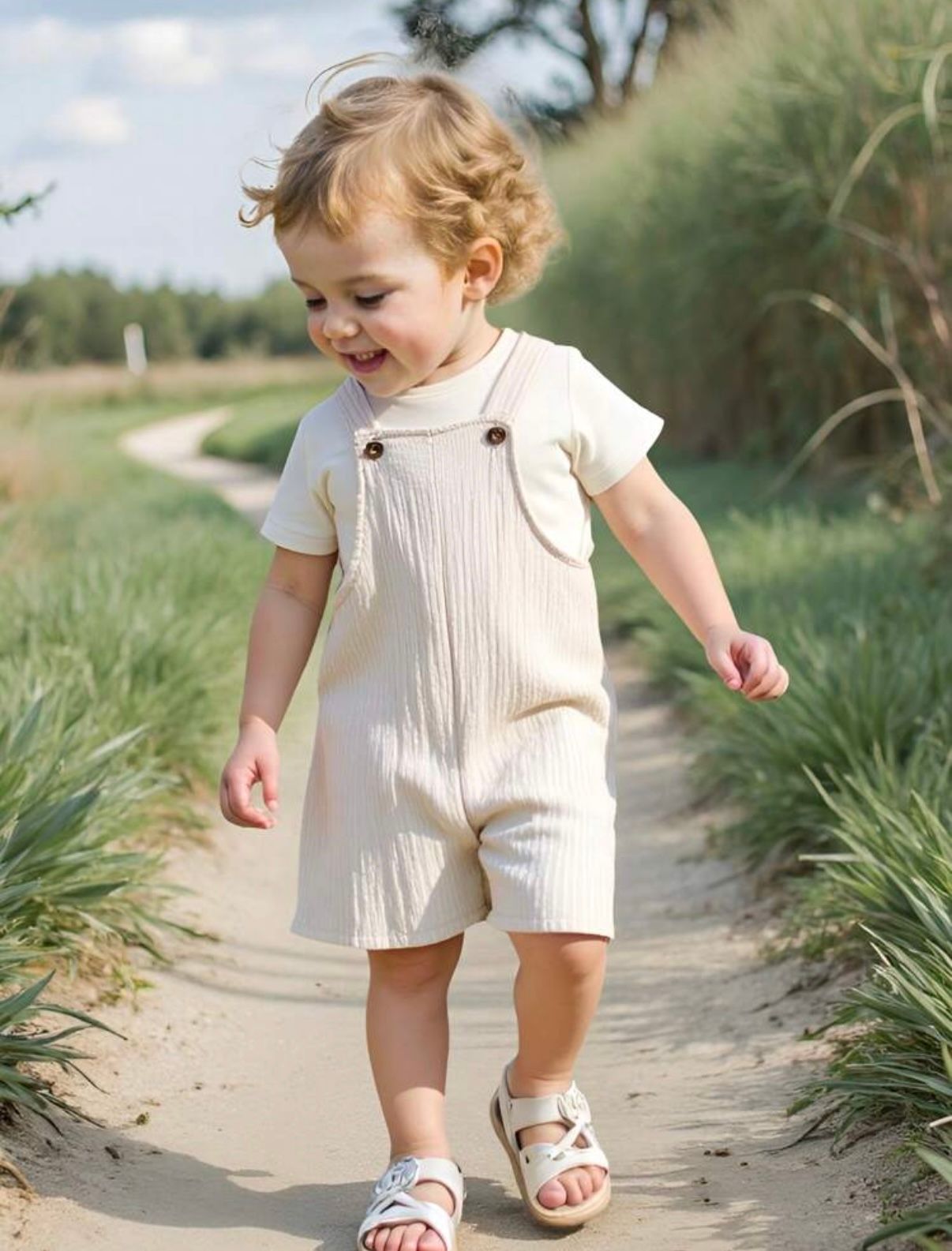 Small child wearing a white ribbed romper walking along a sandy beach path.
