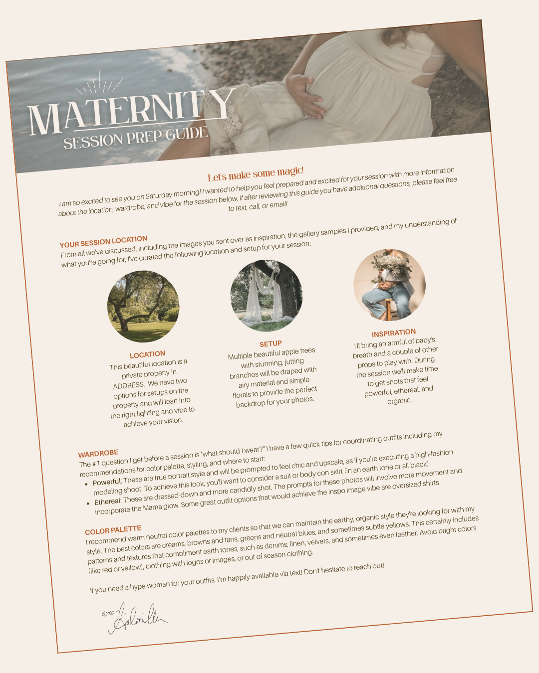 Maternity photography pricing guide showing location options with round circular images of outdoor and studio settings.
