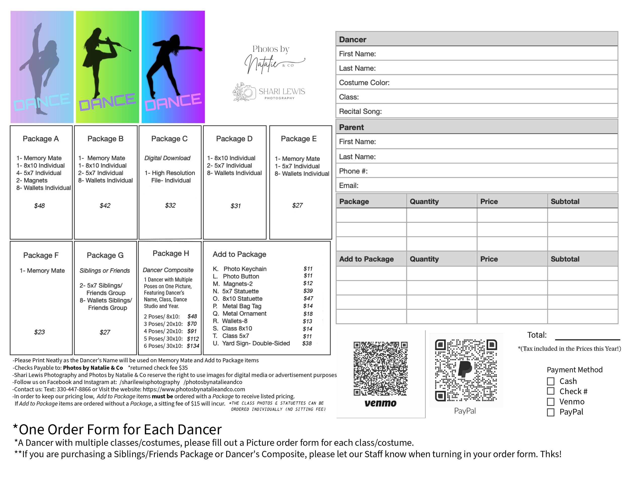 Dance registration form template with silhouette figures and multiple package options.