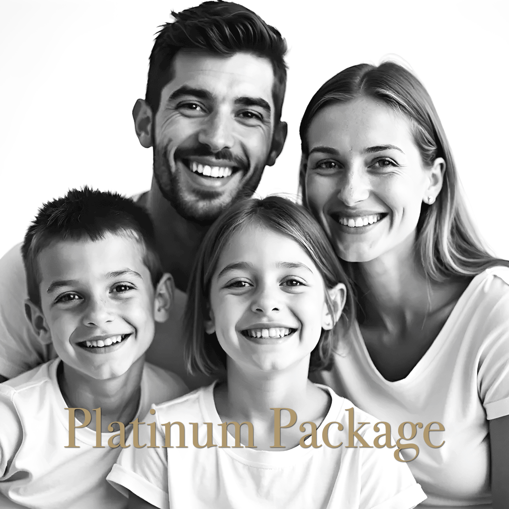Platinum Package - Smiling family of four wearing white clothing for professional studio photography session against white background.