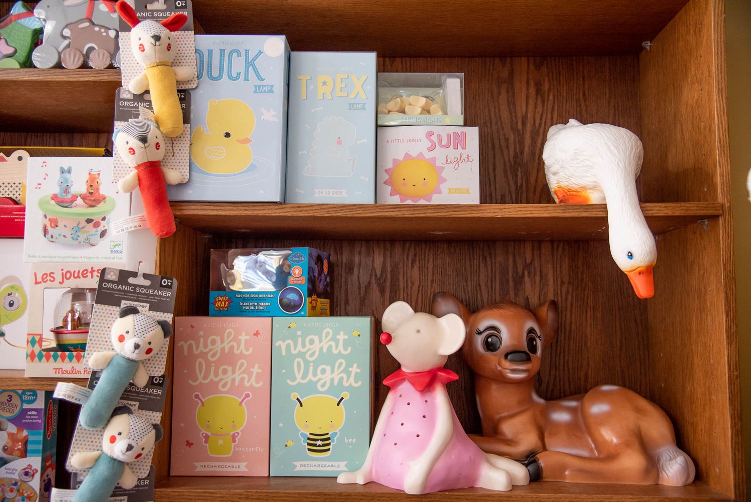 Children's books and stuffed animal toys arranged on wooden shelves, including plush mice and vintage-style storybooks.