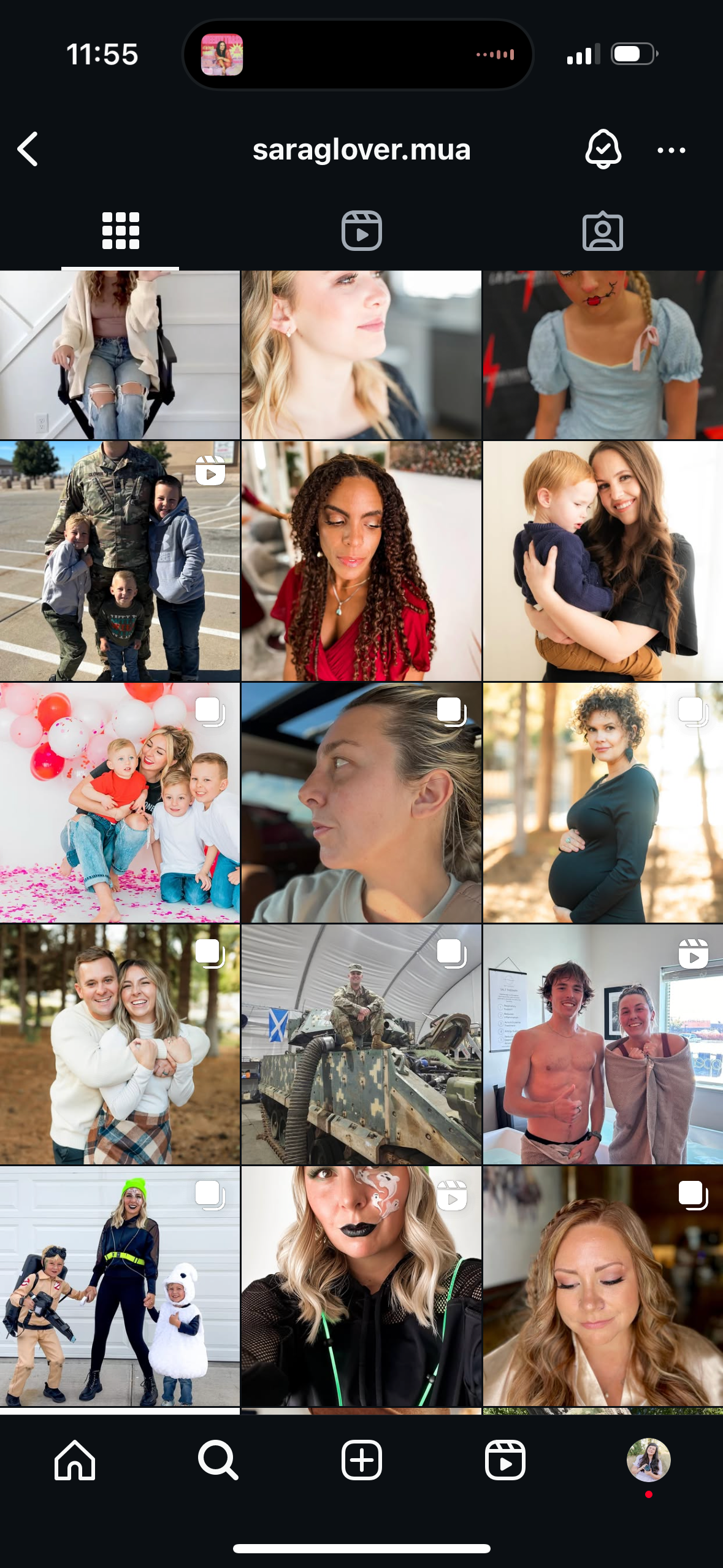 Mobile Instagram feed grid showing profile photos, portraits, family moments, and lifestyle content from social media account.