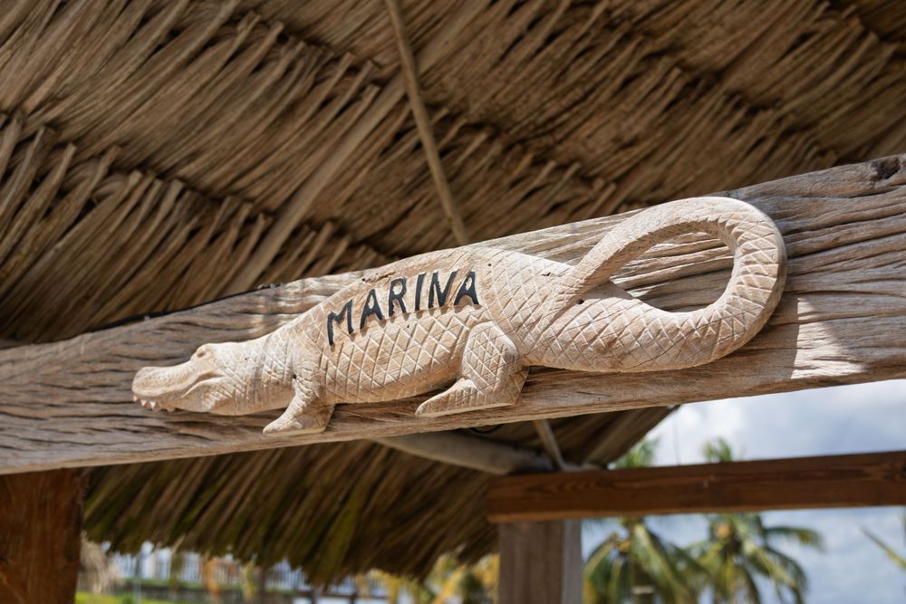 Wooden carved crocodile decorations hanging from a thatched roof at a marina.