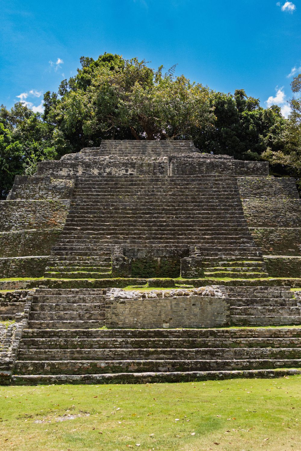 Large stepped Maya pyramid structure with grassy courtyard in foreground under bright blue sky.