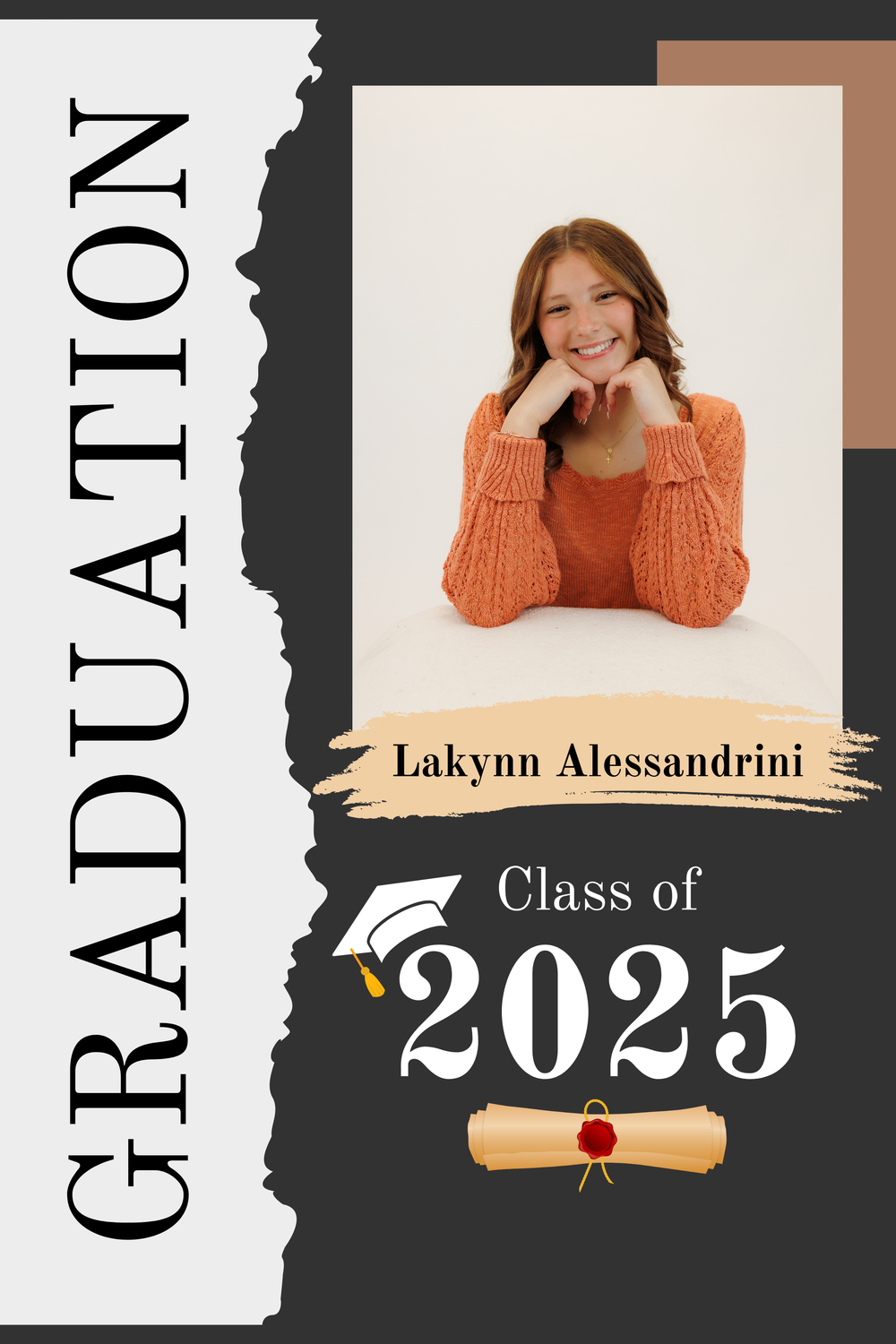 Graduation announcement design with Class of 2025 text and diploma icon on black and tan background.