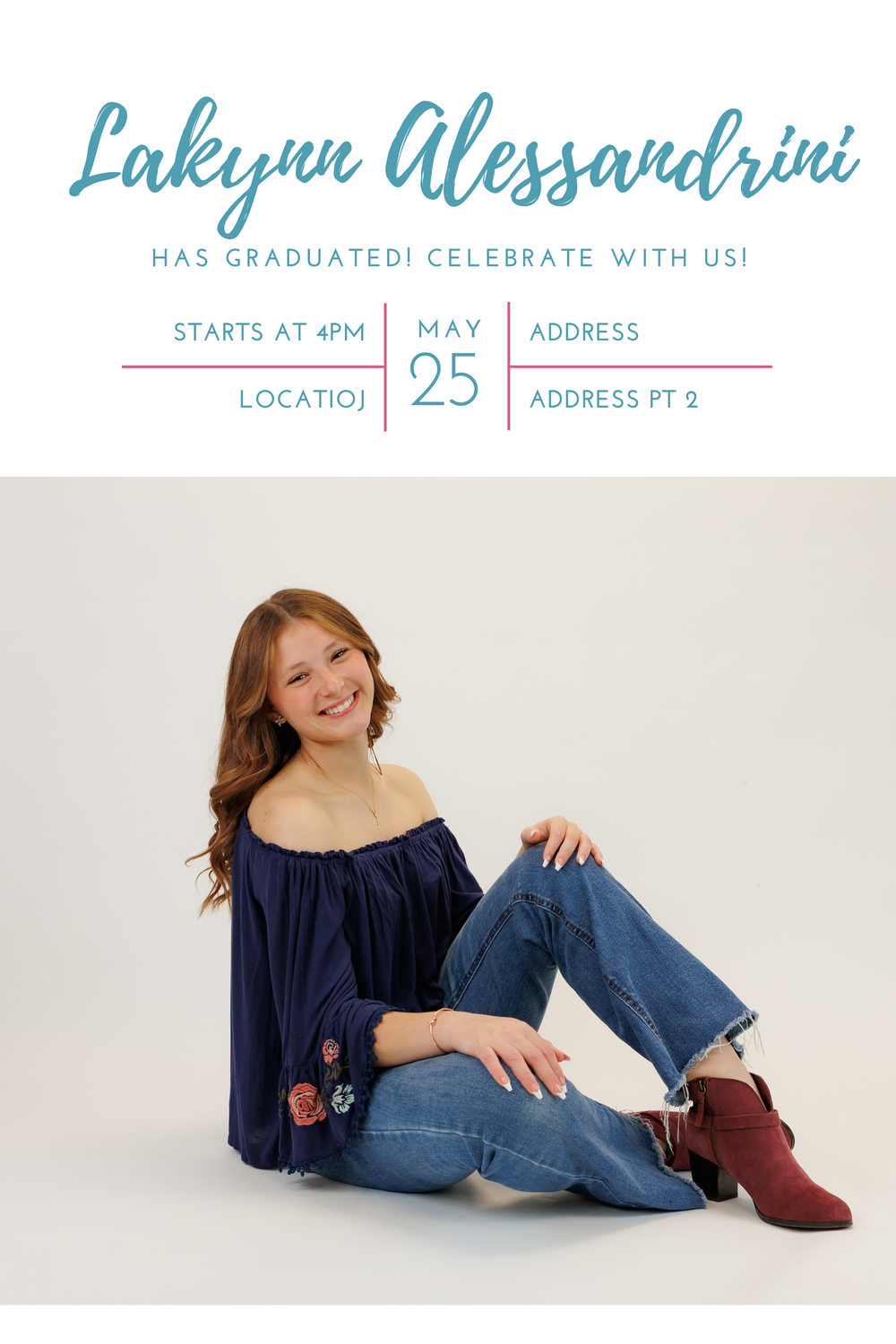 Graduation party invitation card with details in blue text and location template.