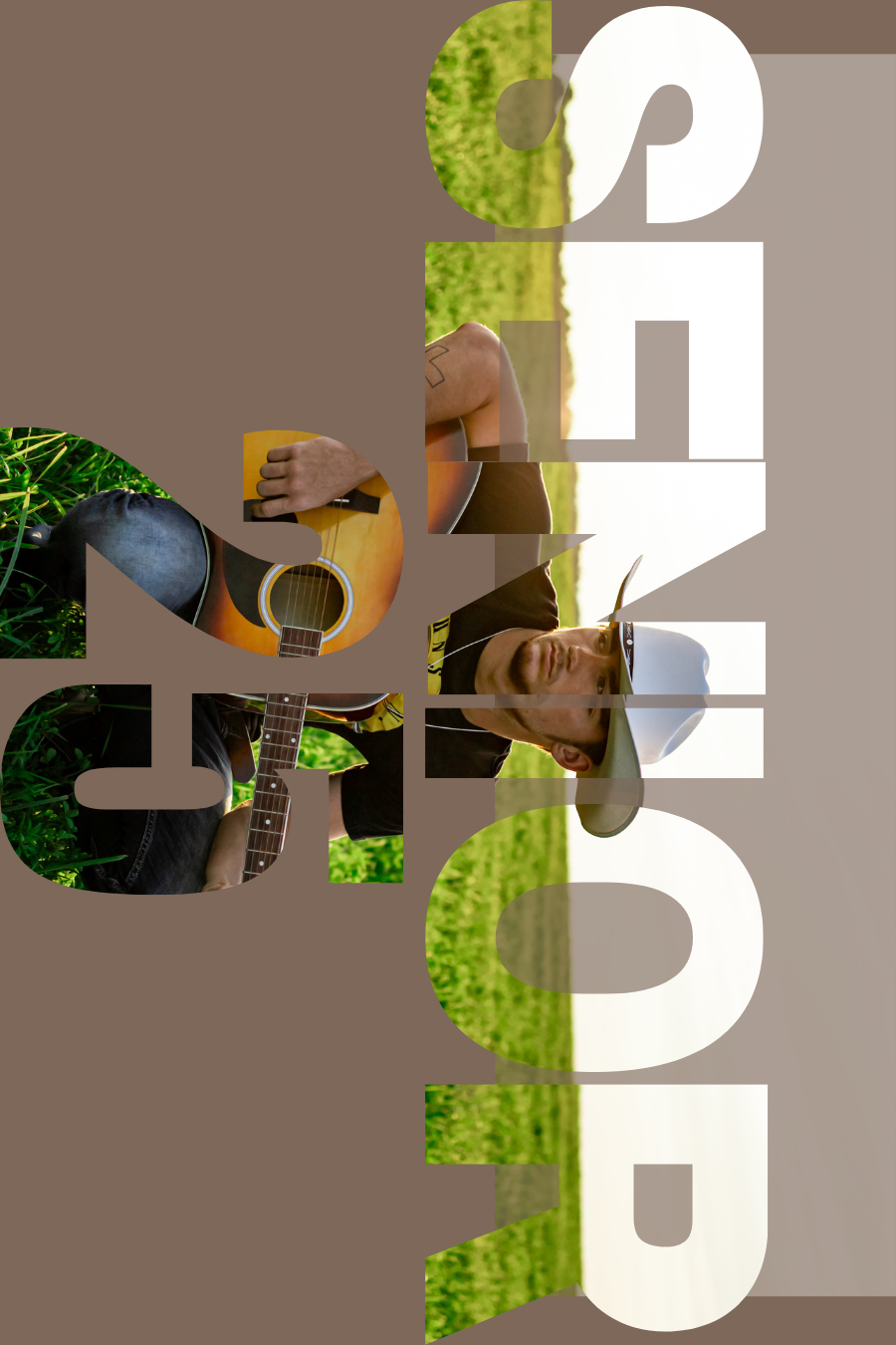 Text overlay SHOP in dark brown with acoustic guitar player against green foliage background.