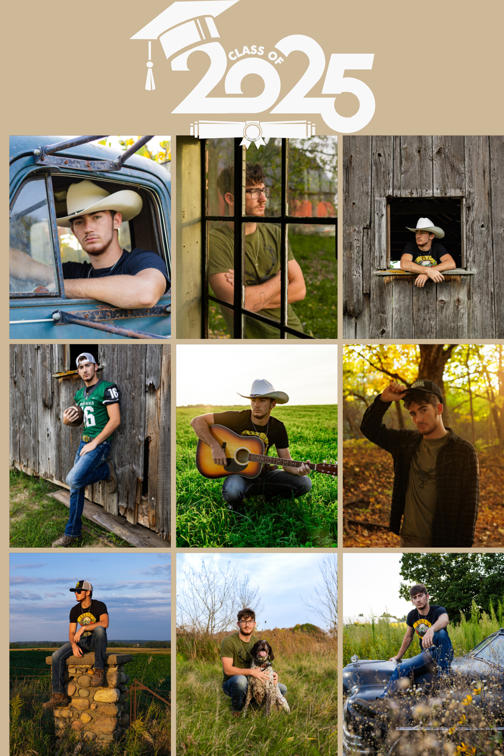 Graduation 2025 photo collage featuring outdoor portraits with vintage truck, guitar, barn setting and natural landscapes.