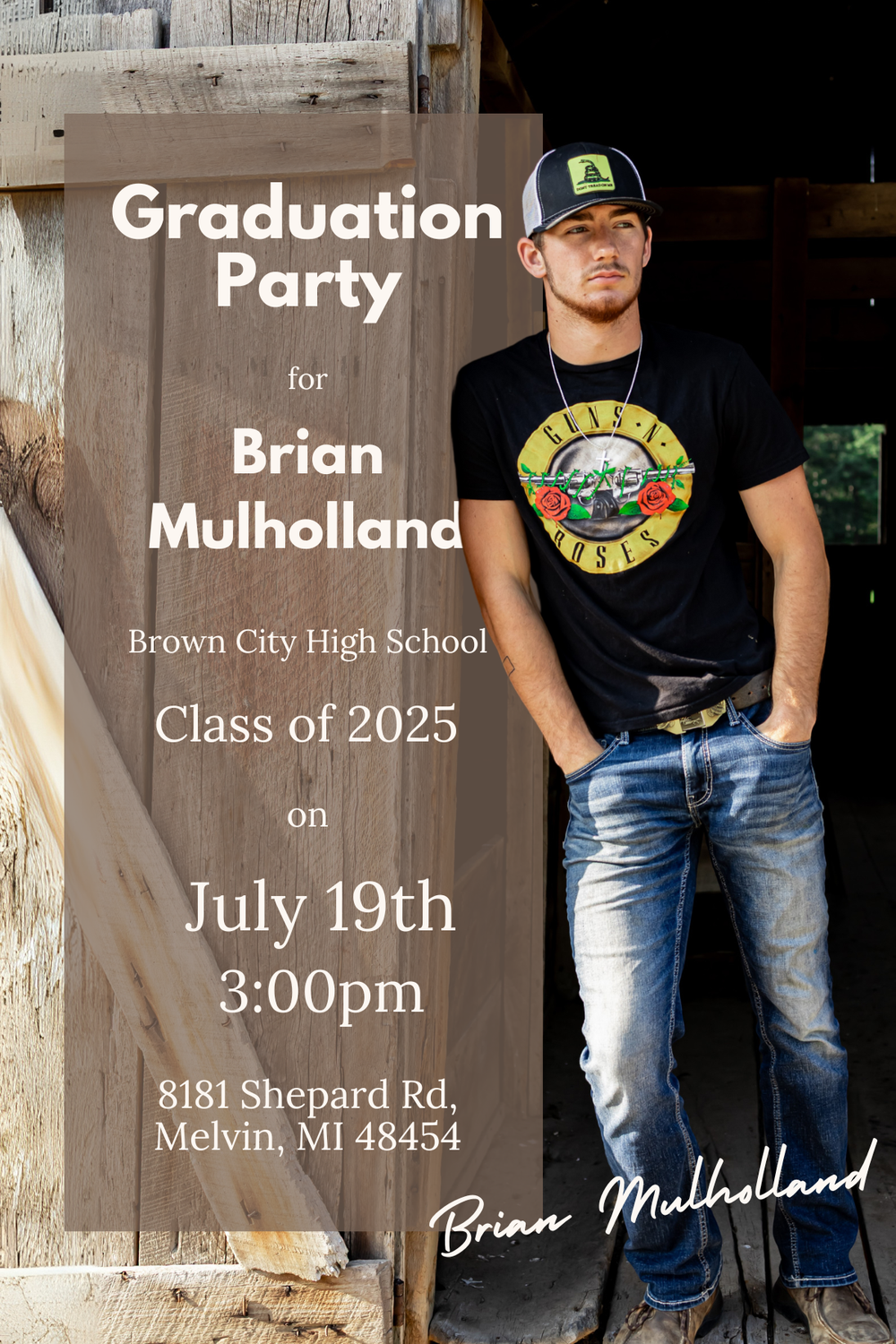 Graduation party invitation for Brown City High School Class of 2025 graduate featuring casual outdoor portrait against rustic wood.