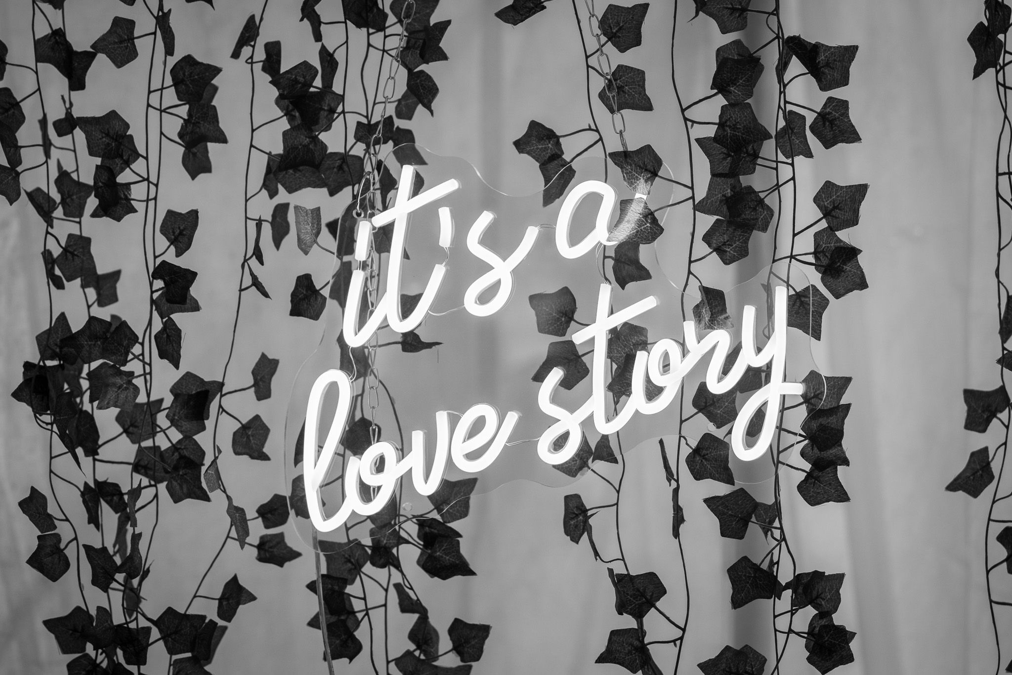 Neon sign reading 'it's a love story' against wall with vine silhouettes.
