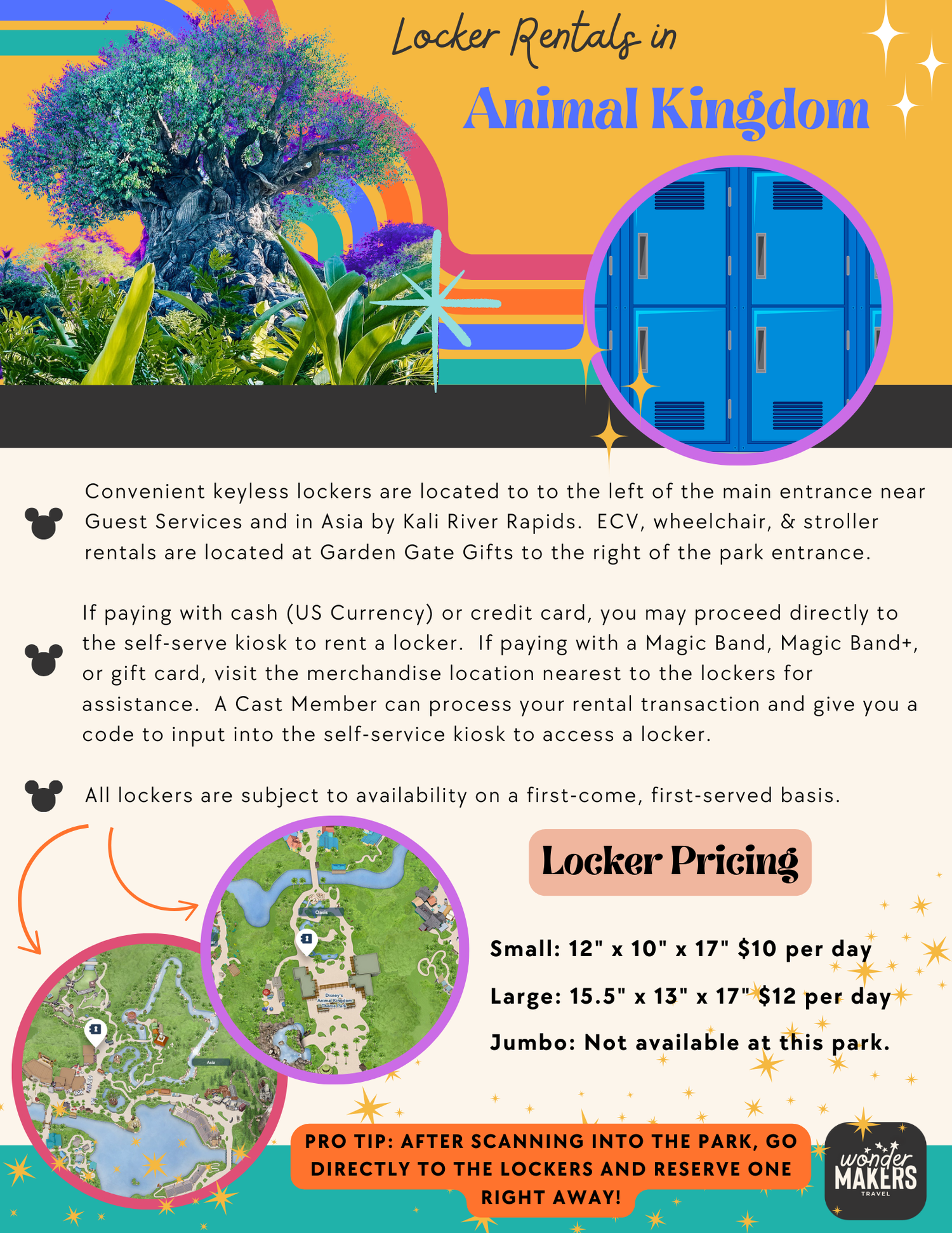 Infographic showing locker rental information and pricing at Animal Kingdom with colorful rainbow design elements and Tree of Life.