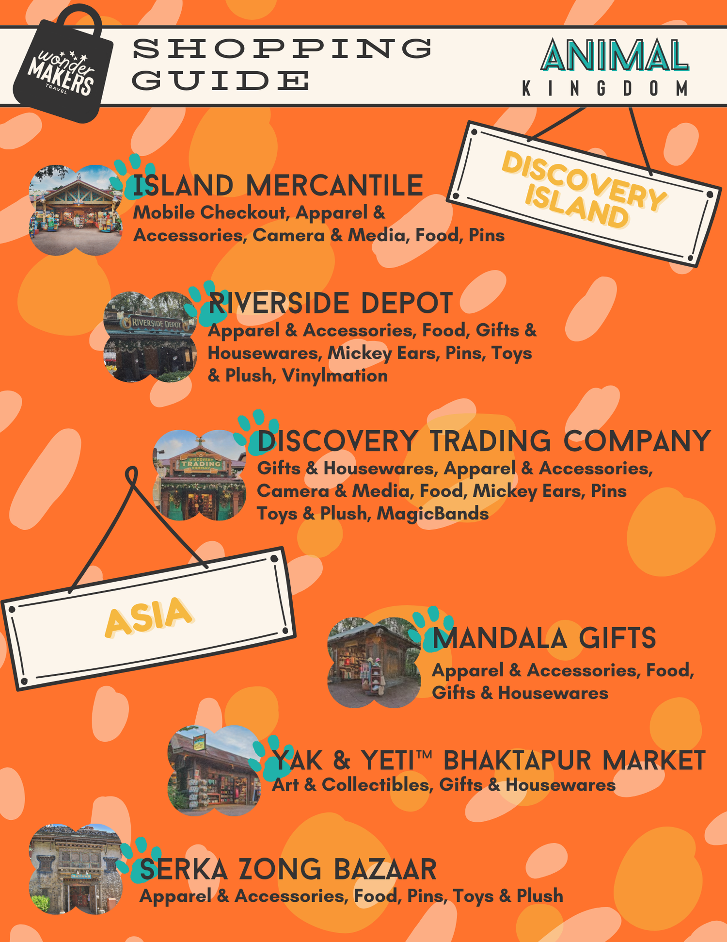 Shopping directory listing stores and merchandise locations in Animal Kingdom's Asia section.
