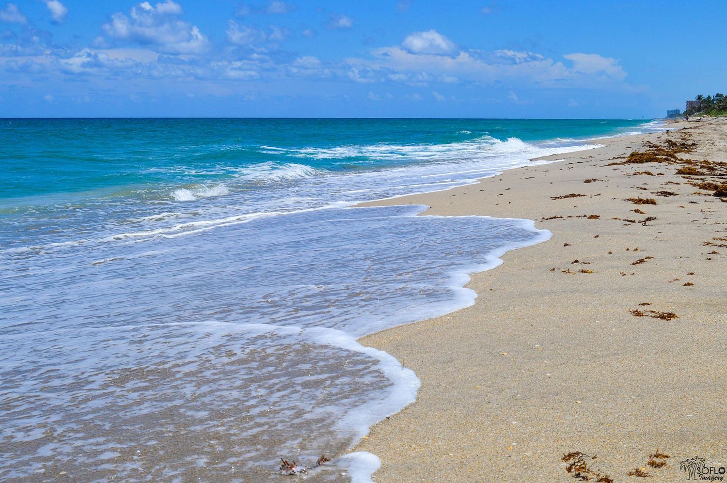Beautiful sandy beach shoreline with gentle waves rolling in under clear blue skies.
