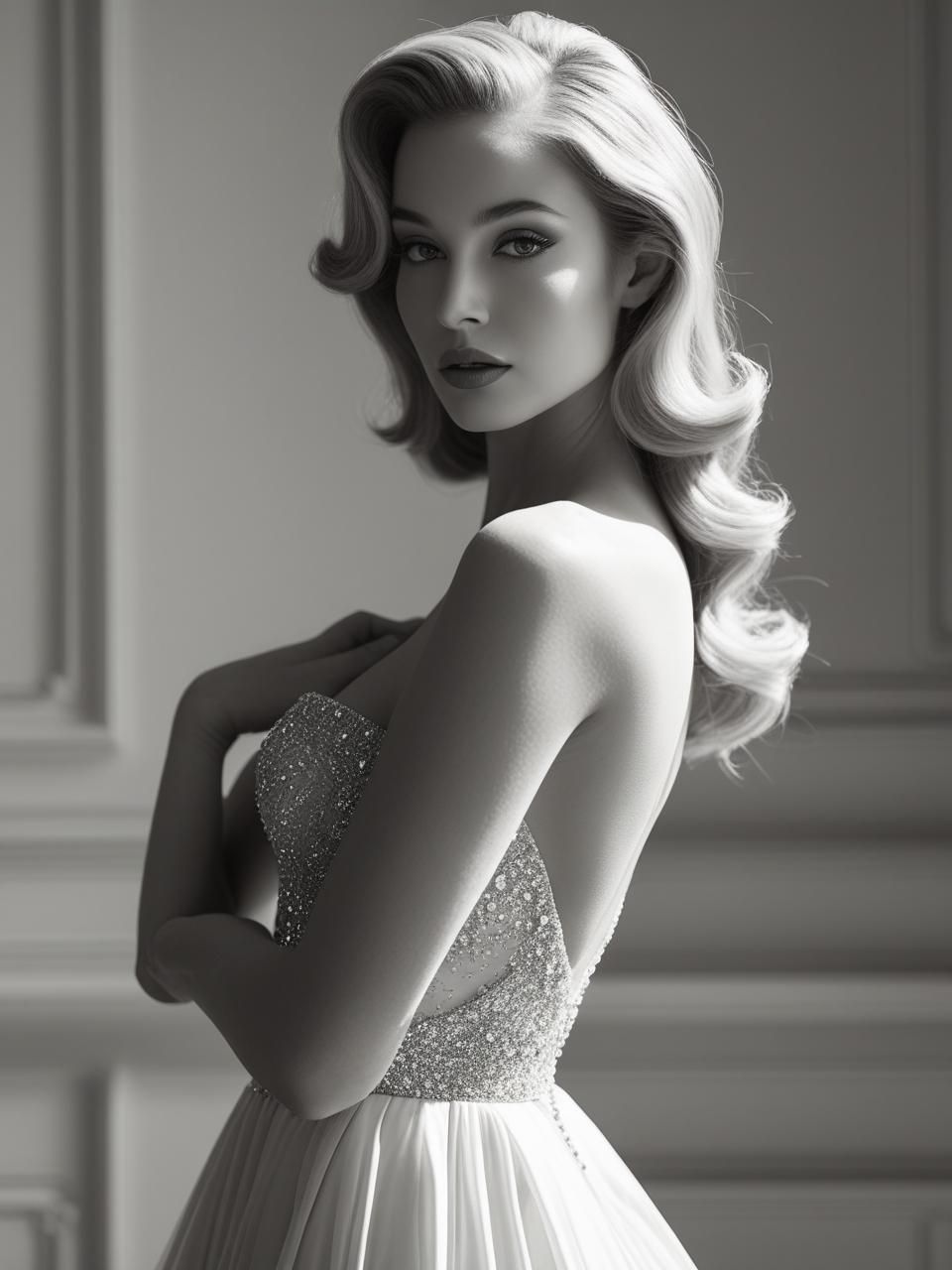 Černobílý glamour portrét ženy vintage, dramatické světlo.