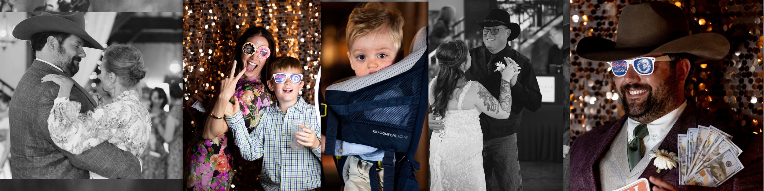 Collection of black and white and color wedding reception photos showing dancing and celebrations on the dance floor.