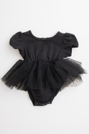 Black baby tutu romper with puff sleeves and mesh tulle skirt features elastic waist and stretchy fabric.