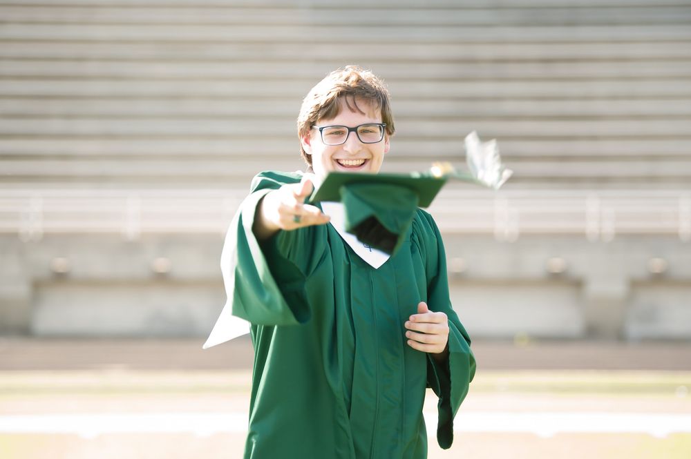 Candid shots of student in green uniform against stadium bleachers background.