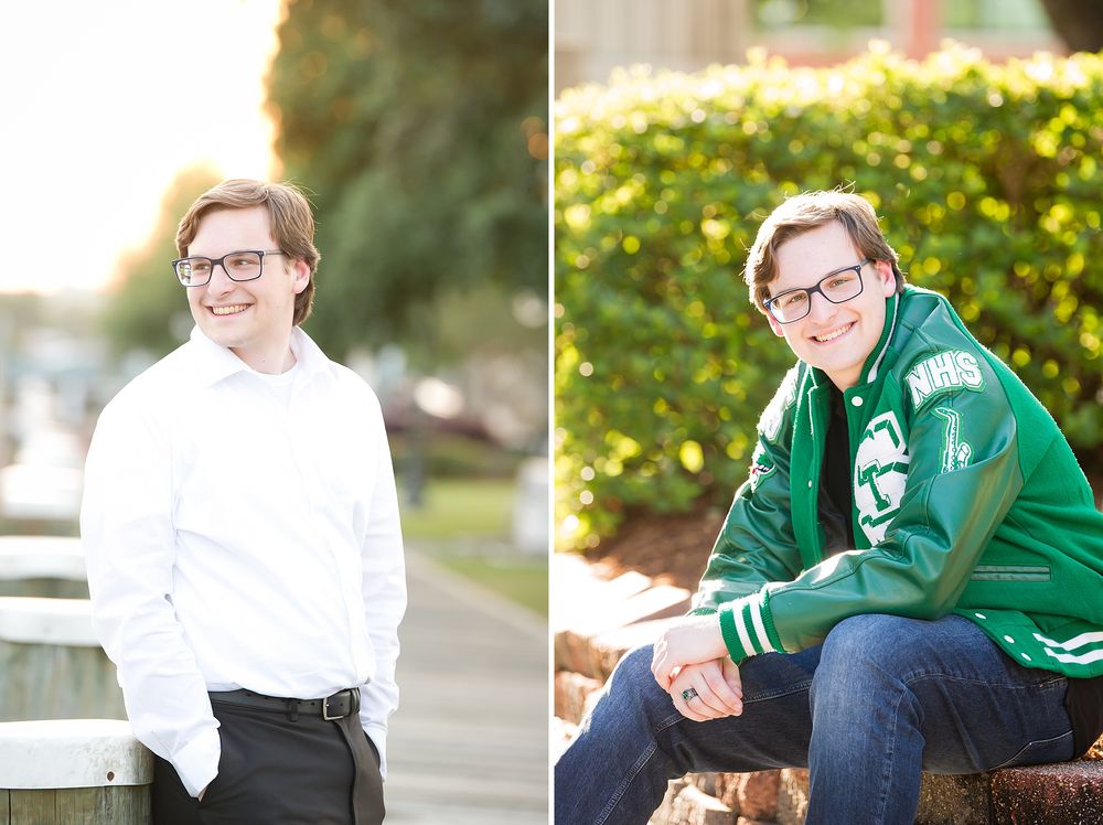 Series of casual outdoor portraits featuring green uniforms and natural backgrounds.