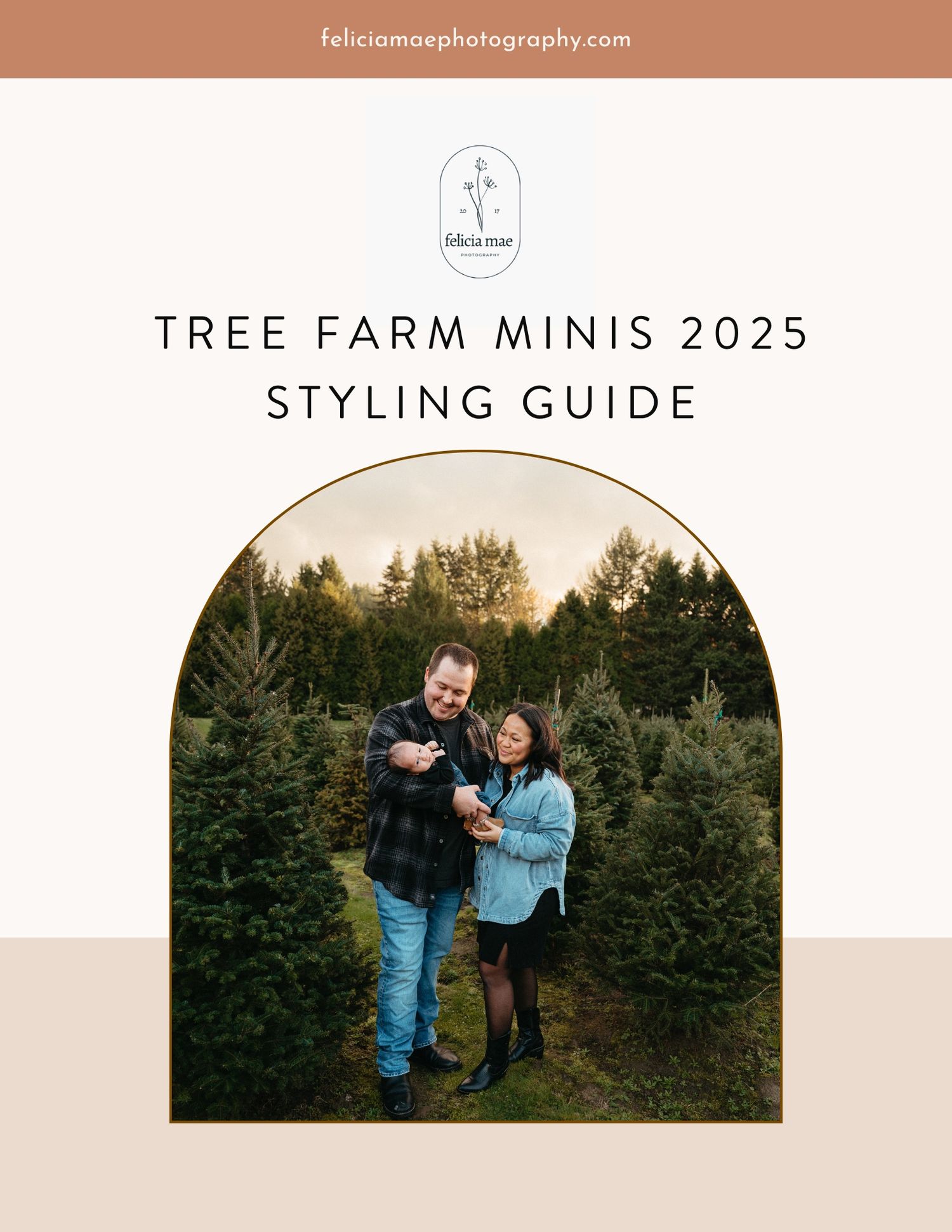 Marketing template for tree farm mini sessions featuring outdoor winter photography styling guide.