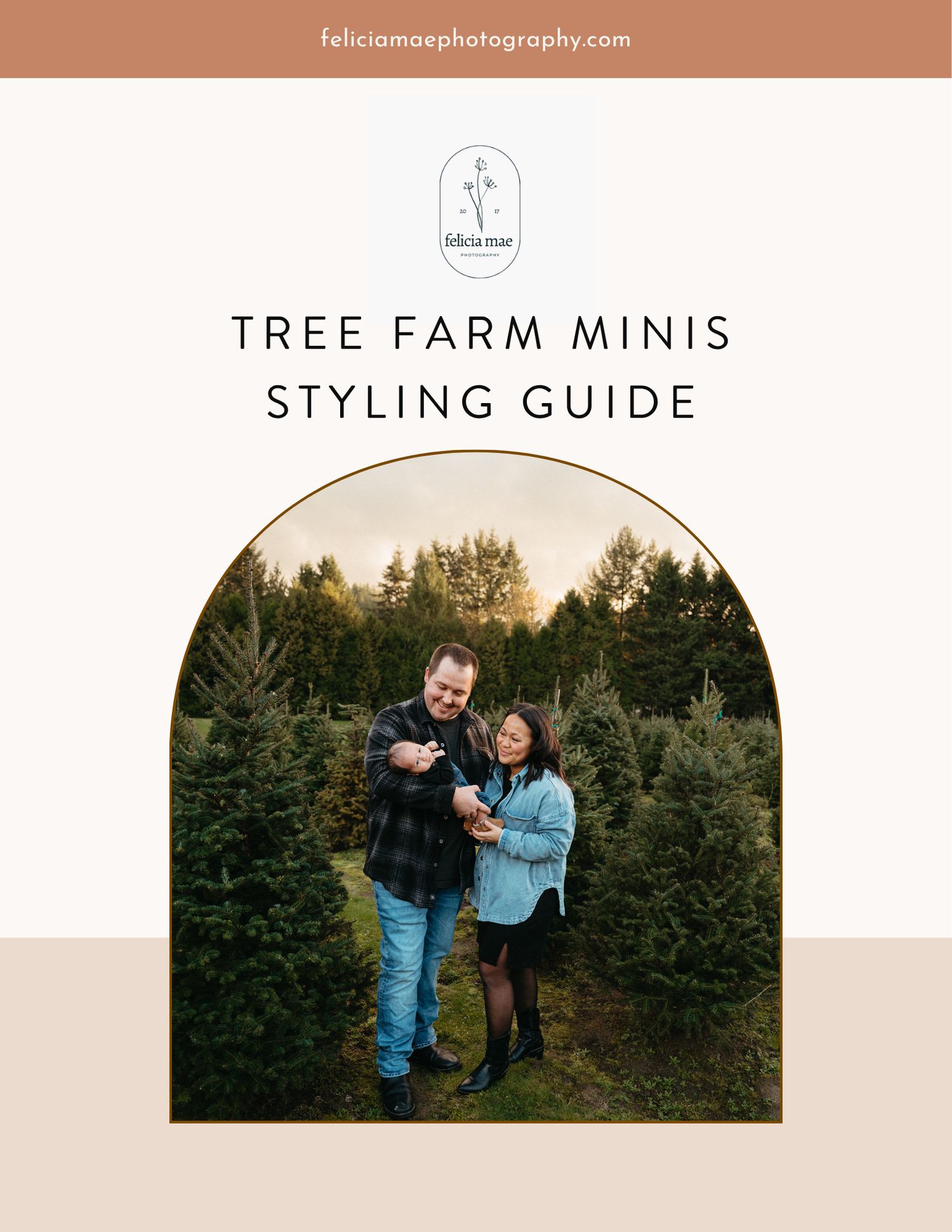 Marketing template for tree farm mini sessions featuring outdoor winter photography styling guide.