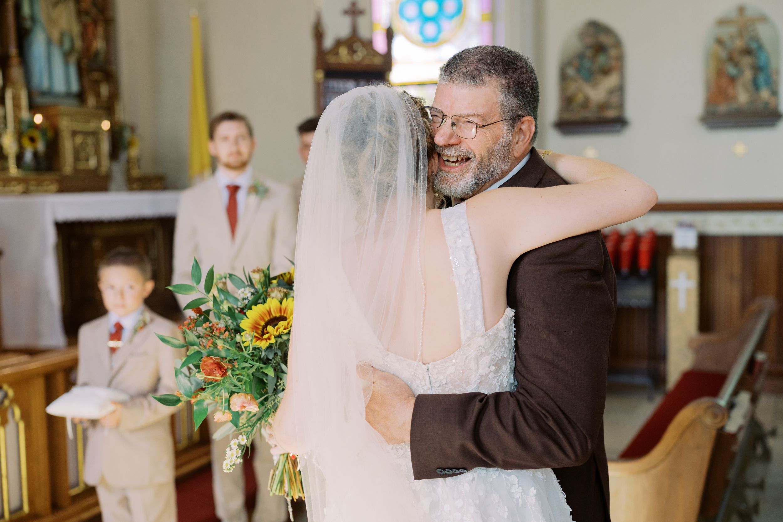 A series of candid wedding photos showing joyful moments between a couple during their church ceremony.