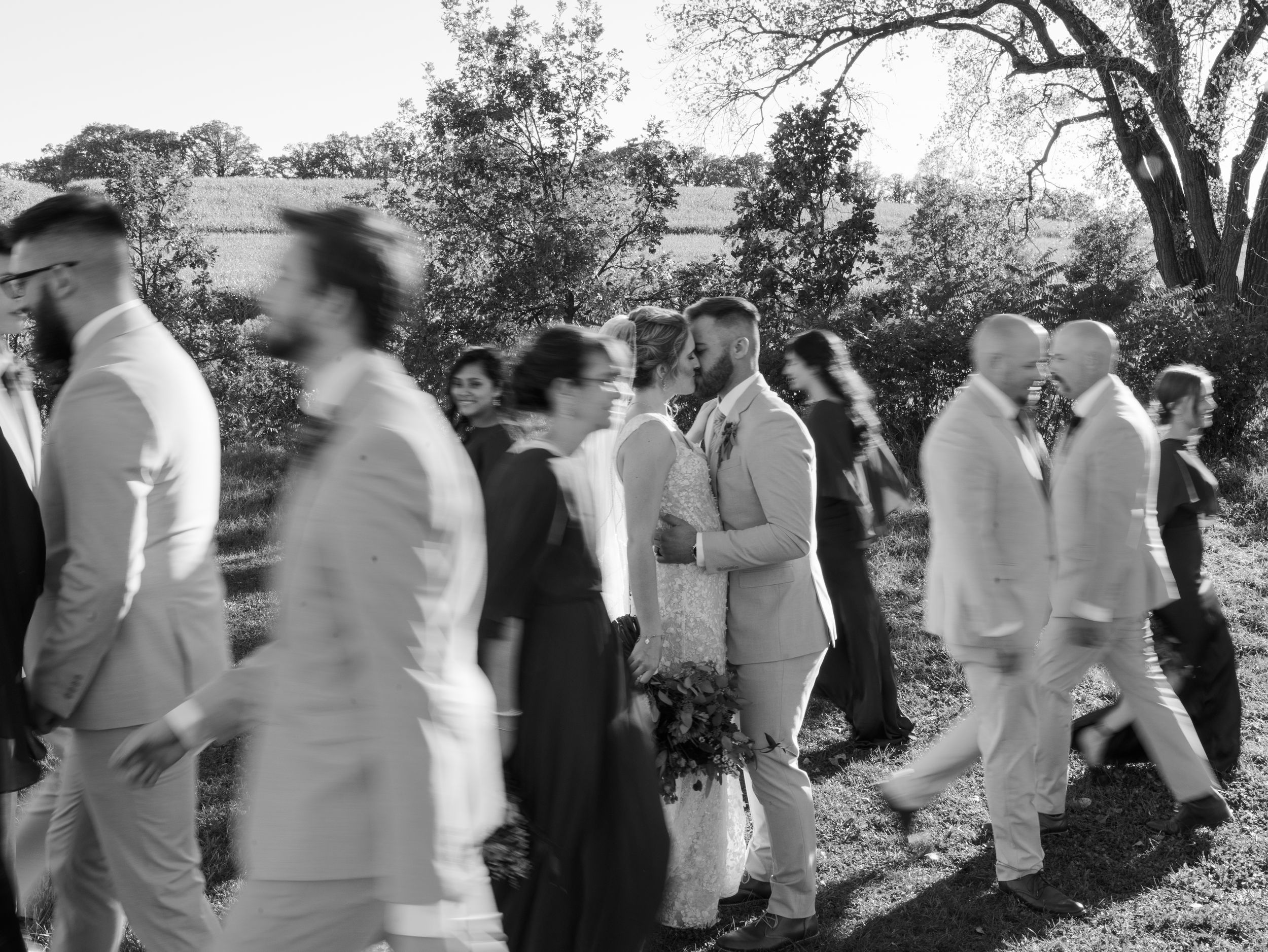 Wedding guests gather outdoors under trees during a sunny celebration in black and white photography.
