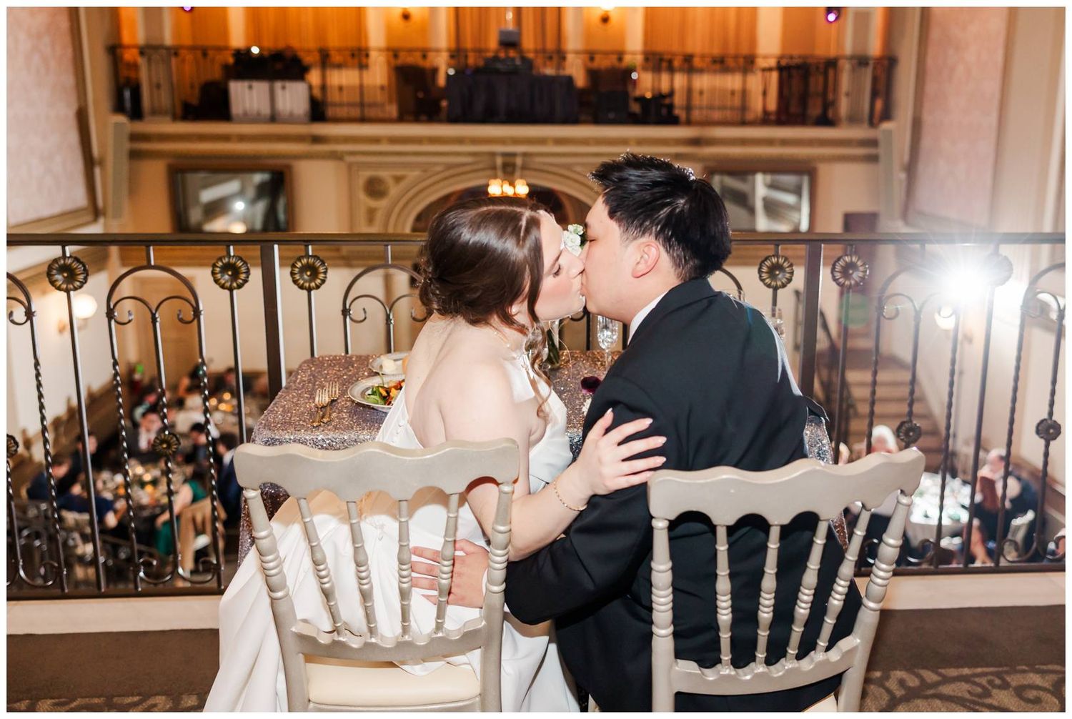 A series of romantic wedding photos showing couples dancing and embracing at an elegant indoor reception venue.