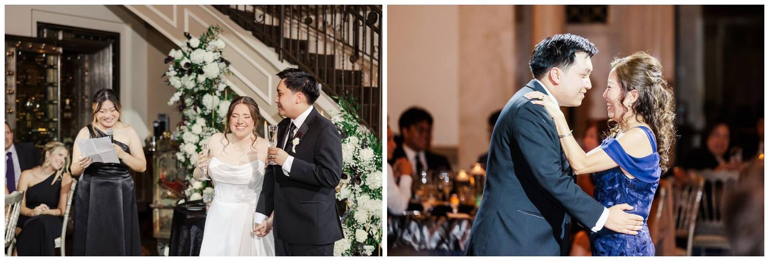 Couples dancing together at a formal wedding reception in an ornate indoor venue.