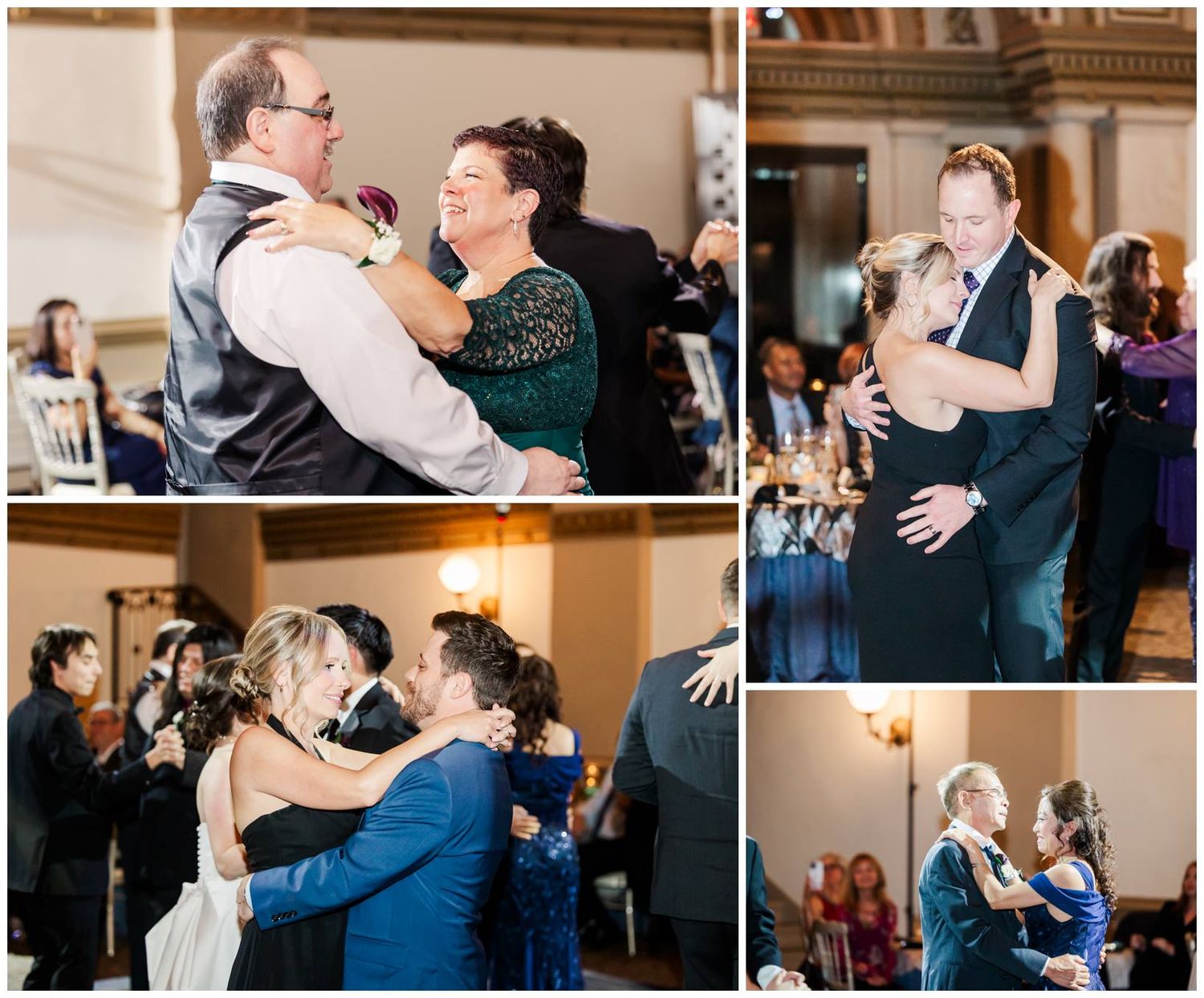 Wedding guests dance together at an elegant indoor reception venue during celebration festivities.