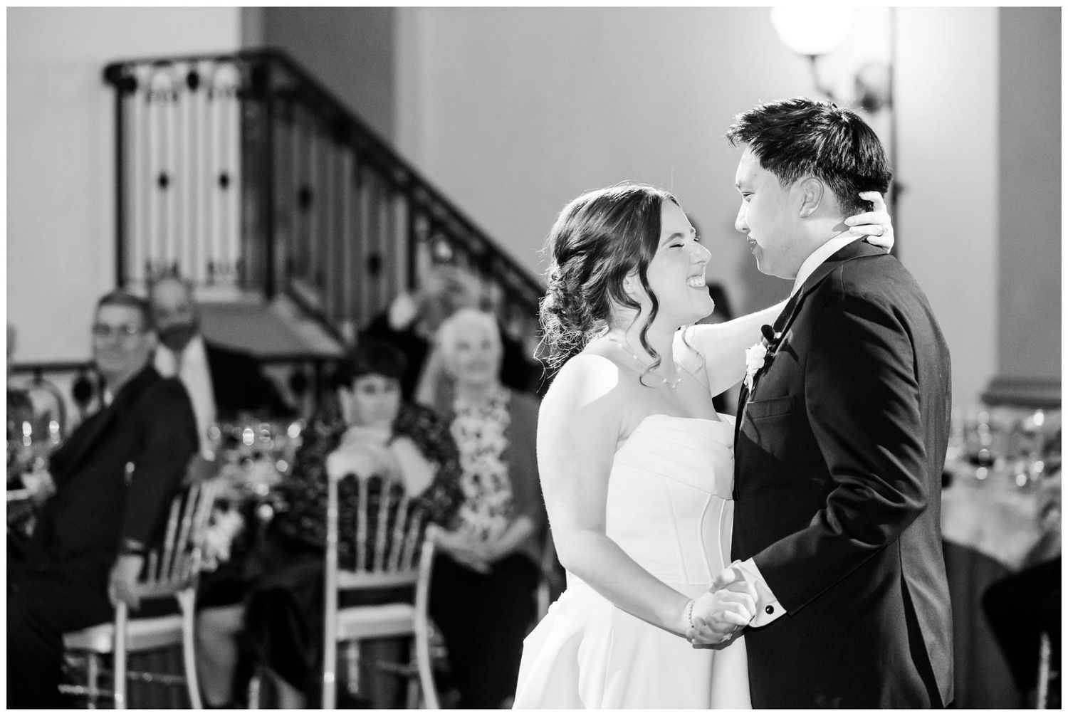 Black and white wedding reception photos showing couples dancing in an elegant indoor venue.