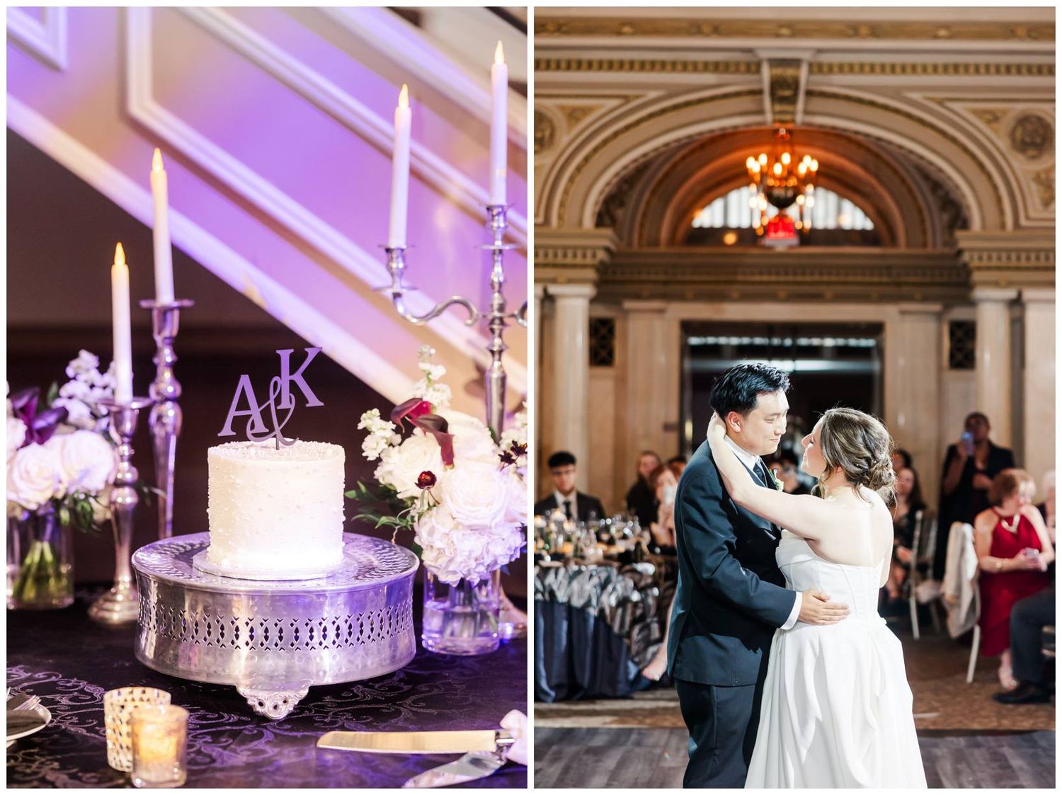 Elegant ballroom wedding reception with purple lighting and chandelier decorations.